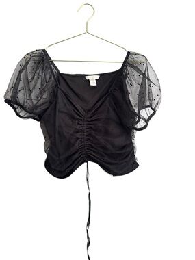 H&M Black Sheer Puff-Sleeve Ruched Tie-Front Crop Top